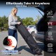 User carrying the 9.5 x 9.5 feet blue pop-up canopy tent with wheels, ideal for camping and outdoor events.