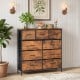 Rustic brown 9-drawer fabric dresser with wooden top, featuring sturdy metal construction for bedroom or living room.