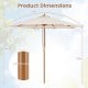 9 FT patio umbrella with beige fabric and 8 bamboo ribs, featuring dimensions for outdoor table use and stability.