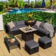 9-piece outdoor PE rattan wicker sectional sofa set with gray cushions and a gas fire pit table, ideal for patio.