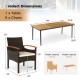 Patio PE wicker dining set with 1 table and 8 chairs, featuring acacia wood armrests and cushions for outdoor comfort.