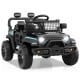 Battery-powered black kids' ride-on truck with LED headlights, remote control, and spring suspension for smooth driving.