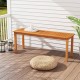 Acacia wood outdoor bench with slatted seat, designed for garden use, featuring smooth surface and round corners.