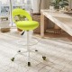 Bright green drafting stool with wheels, adjustable height, and breathable mesh for comfort at standing desks.