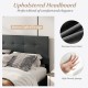 Upholstered headboard in dark gray with button tufted design, made from premium linen fabric for queen size bed frame.