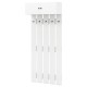 Wall-mounted coat rack in white with upper storage cabinet and five metal hooks, ideal for entryways and compact spaces.