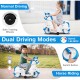 Unicorn ride-on toy with training wheels in navy, featuring dual driving modes for kids' fun and stability.