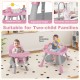 16-in-1 pink baby high chair with adjustable height, 360° rotating seat, and activity center for two-child families.