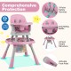 16-in-1 baby high chair in pink with adjustable height, 5-point harness, and activity center for versatile use.
