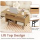 Lift-top coffee table with cut-out handle and gas struts, designed for easy access to hidden storage and open shelving.