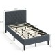 Upholstered bed base with button stitched headboard, solid wood slats, and modern design for stylish bedroom storage.