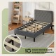 Upholstered bed base with button-stitched headboard and solid wood slats for enhanced support and under-bed storage.