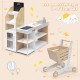Kids wooden grocery store playset with checkout counter and shopping cart for imaginative supermarket role play.