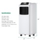 9000 BTU portable air conditioner in black and white, features remote control and built-in dehumidifier for efficient.