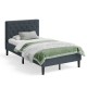 Upholstered bed base with button stitched headboard, soft fabric, and solid wood slats for modern bedroom decor.