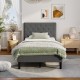 Upholstered bed base with button stitched headboard, featuring solid wood slats and modern design for stylish bedroom.