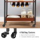 Three-tier kitchen island serving bar cart with wine bottle rack and glass holder, featuring four rolling casters for.