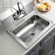 Stainless steel wall mount hand washing sink showing rounded corners, large bowl, and convenient rotatable faucet for.