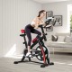 Adjustable indoor exercise cycling bike trainer with a comfortable saddle and LED display for fitness workouts.