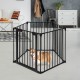 5-panel adjustable black metal fence used as a pet playpen, featuring a walk-through door and sturdy design for safety.