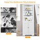 Free standing tall bathroom corner storage cabinet in white with three shelves, ideal for organizing small spaces.