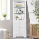 Free standing tall bathroom corner storage cabinet in white featuring smooth metal knobs and a sleek design for easy.
