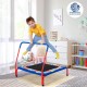 Kids 36" square trampoline in blue with foamed handrail, designed for indoor and outdoor fun and safety.
