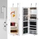 Jewelry cabinet interior showing organized storage compartments, velvet lining, and a small mirror with LED light strip.