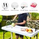 Folding cleaning sink table with sprayer, HDPE tabletop, and integrated sink, ideal for outdoor cleaning tasks.