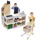 Kids wooden grocery store playset with cart, featuring a checkout counter, scanner, and pretend food items for.