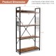 4-tier industrial bookshelf in rustic brown with adjustable shelves and hooks, ideal for stylish storage in any room.