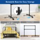 Portable black freestanding ballet barre with adjustable height for dancing and stretching, shown in storage positions.