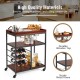 Three-tier storage bar serving cart with a wooden top, metal frame, wine rack, and rolling casters for easy mobility.