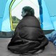 Black 2-person waterproof sleeping bag with pillows, shown inside a tent, perfect for camping and outdoor adventures.