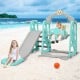 3-in-1 toddler climber and swing set in green with slide, swing, and basketball hoop for outdoor play.
