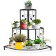 Three-tier floral corner metal plant pot rack in black, designed for stylish storage of plants and decorative items in.