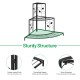 Three-tier floral corner metal plant pot rack in black finish, ideal for displaying potted plants and decorative items.