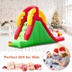 Inflatable water slide bounce house with climbing wall in vibrant colors, perfect for backyard fun for kids aged 3-10.