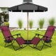 Two folding lounge chairs in wine color with an adjustable backrest, perfect for outdoor relaxation in the garden.