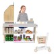 Kids wooden grocery store playset with cart, featuring a checkout counter, scanner, and storage for imaginative play.