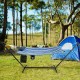 Hammock chair stand set with blue and white striped cotton fabric, featuring a pillow and cup holder for outdoor.