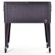 Rattan rolling cooler cart with sleek design, featuring a twist-off drain plug and dual handles for easy transport.