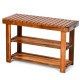Freestanding wood bench with three-tier storage shelves, made of acacia wood, perfect for entryway or garden use.