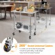 Stainless steel kitchen prep table with adjustable under-shelf and 360° swivel wheels for easy mobility and stability.