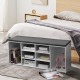 Front view of the 10-cube organizer entryway padded shoe storage bench in white, highlighting its spacious compartments.
