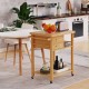Bamboo kitchen trolley cart featuring a large countertop, two drawers, and open shelves, ideal for food preparation.
