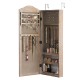 Wall-mounted jewelry armoire cabinet with mirror, featuring hooks for necklaces, ring slots, and shelves for.