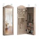 Wall-mounted jewelry armoire cabinet with mirror, featuring hooks for necklaces, ring slots, and shelves for organized.