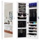 Lockable mirrored jewelry cabinet with LED lights, featuring shelves, hooks, and a full-size mirror for stylish.