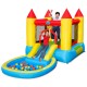 Inflatable kids slide bounce house with water slide and splash pool, featuring colorful design for outdoor fun.
